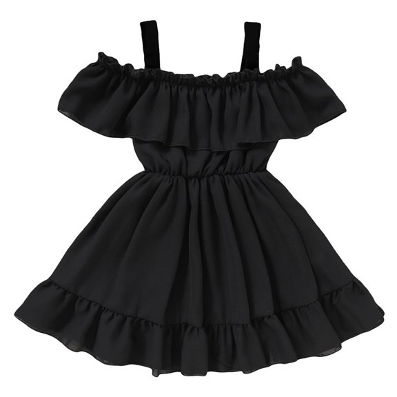 BLTIBY Toddler Girls Summer Off Shoulder Floral Dress Boho Chiffon Ruffle Princess Sundress for Beach Wedding Vacation Black 5-6Years