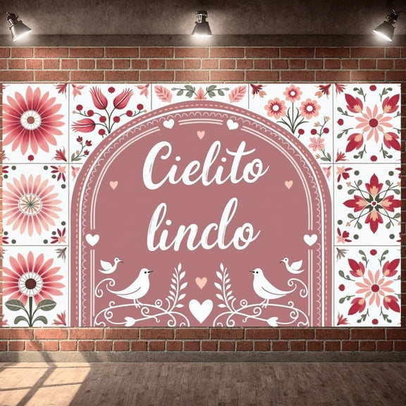 Pink Tone Cielito Lindo Banner Bird Motif Romantic Backdrop Vintage Folk Art Design Floral Display for Mexican Fiesta Wedding Celebration Bridal Shower