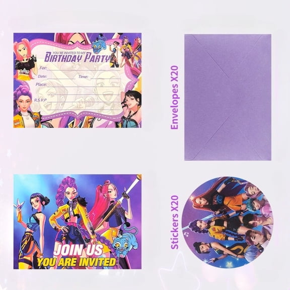 K-POP Birthday Party Invitations Cards, Gift Cards with Envelopes, With Envelope Sealing Stickers, 20 Invitations，Horizontal