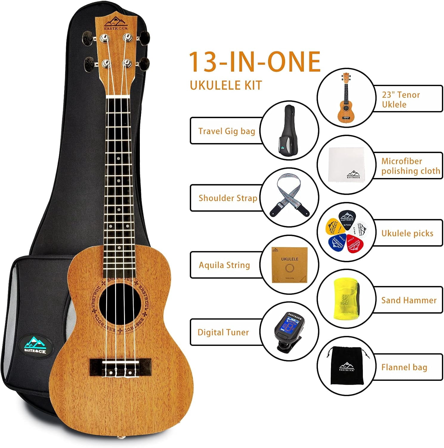 EASTROCK Mahogany Soprano Ukulele Beginner Kit 23 inch Solid Wood with Arched Back & Aquila Strings & Gig Bag