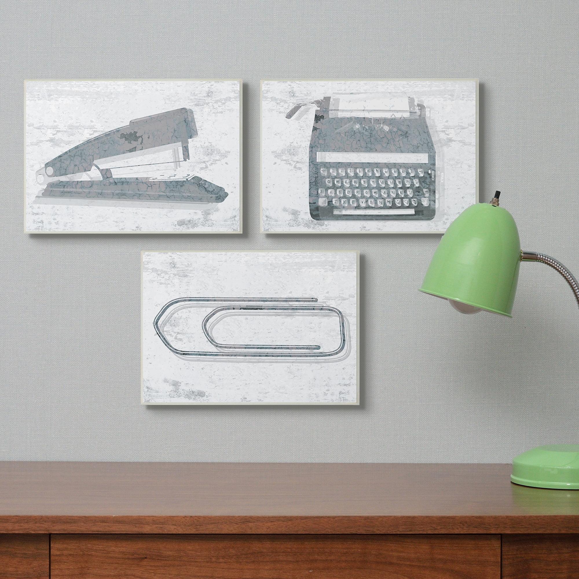 The Stupell Home Decor Collection Textured Muted Blue Office Supplies Stapler Typewriter and Paperclip Trio 3pc Wall Plaque Art Set, 10 x 0.5 x 15