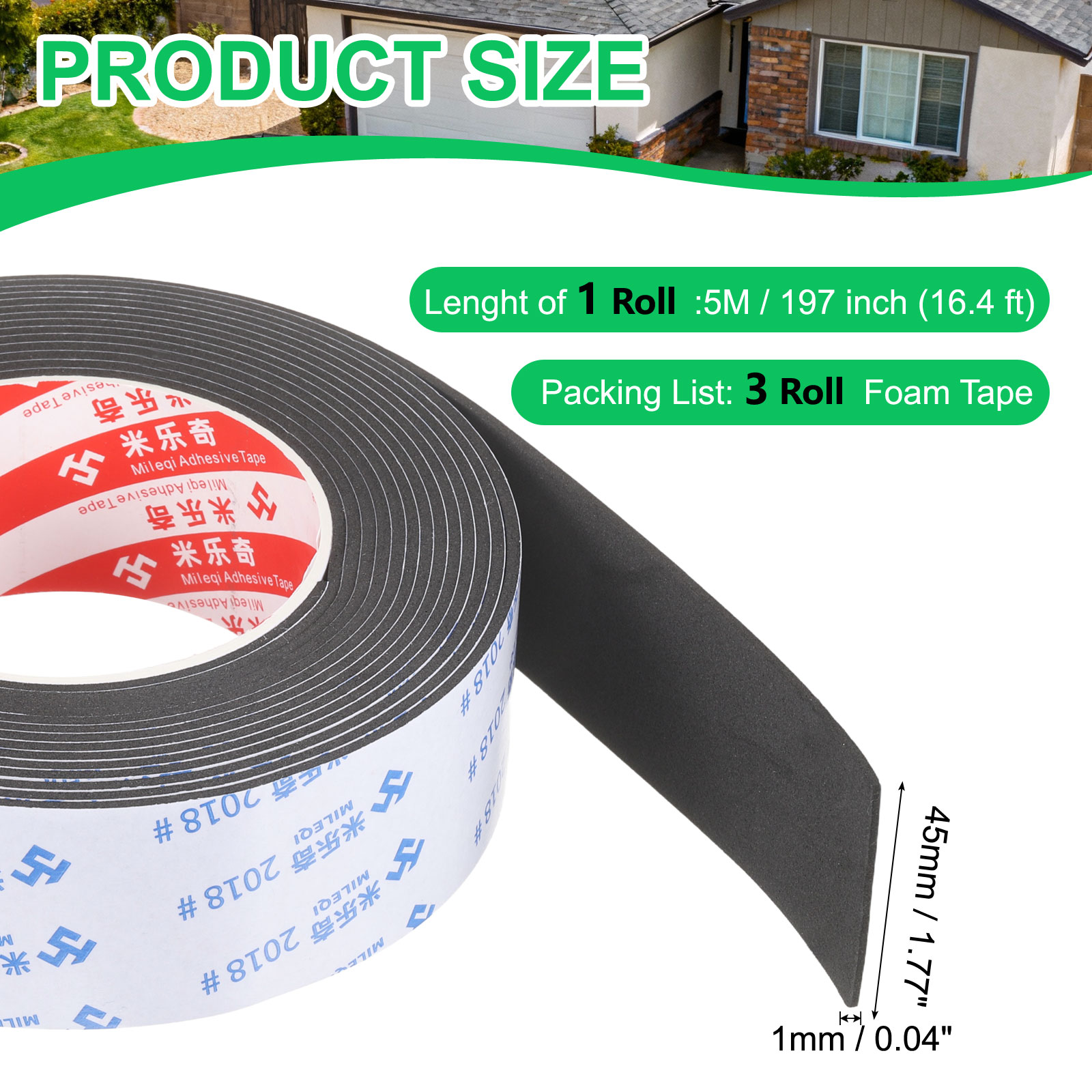 Uxcell 3Roll Sponge Rubber Foam Tape, 1 3/4" W x 1/32" t x 16.4ft l Self-Adhesive Foam Insulation Tape Weather Stripping for Window Door Soundproofing Weatherstrip AC Seal Strip, Black