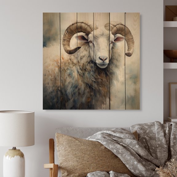 Designart "Untamed Sheep II" Animals Print on Natural Pine Wood
