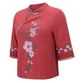 thumbnail image 6 of Embroidered Linen Shirts For Women Loose Fit Tee Shirt Women Cotton Boho Tops Womens Summer Tops Peasant Tops For Women Summer Blouses For Women Womens Gauze Tops Chinese Frog Button Tees Red M, 6 of 8