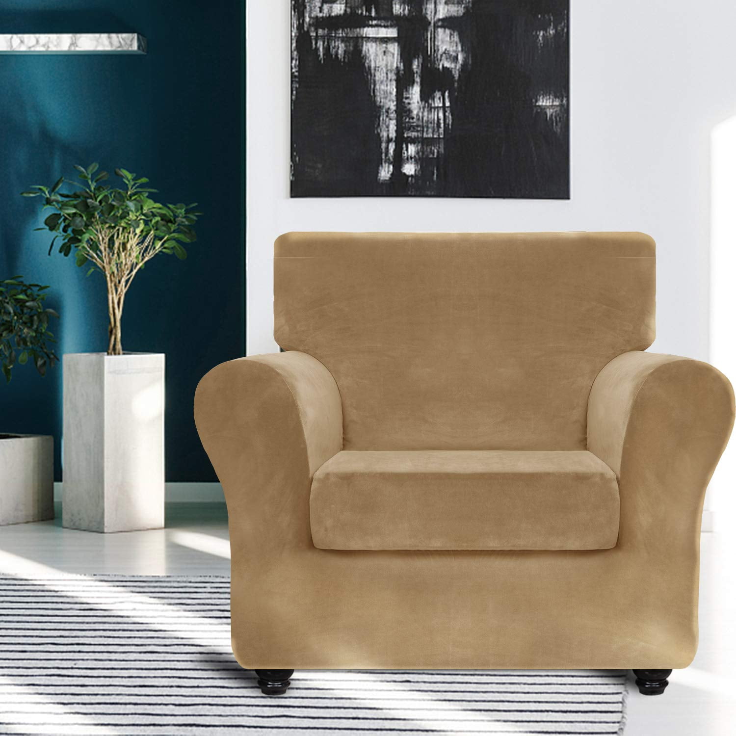 JIATER 2-Piece Armchair Sofa Cover Stretch Couch Cover Velvet Sofa Slipcover Furniture Protector with 1 Cushion Cover,Camel
