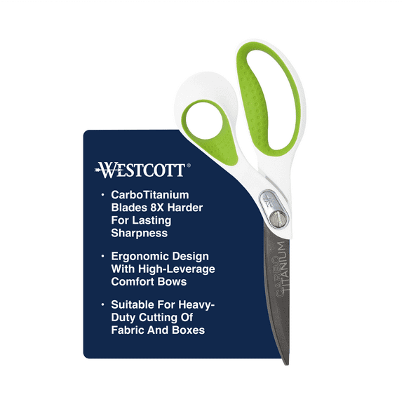 Westcott 9" Carbo Titanium Scissors, Bent, Green and White, for Crafting, Sewing and Fabric, 1-Count