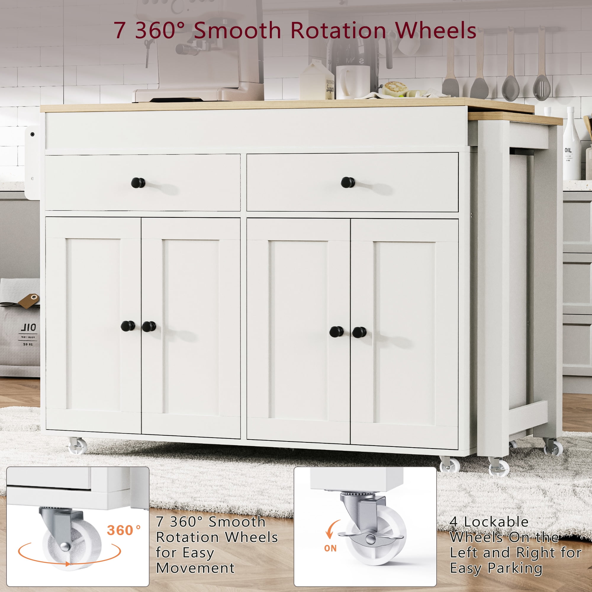 Yoneston 74.5" Rolling Kitchen Island with Extendable Dining Table, Kitchen Storage Cart with Spice Rack and 2 Drawers 4 Doors for Kitchen, Dining Room, White