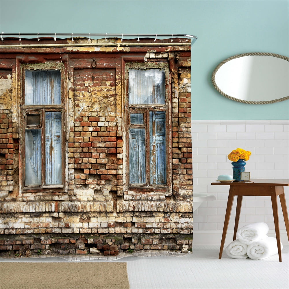 72 x 72 inches Shower Curtain Old Brick Wall with Vintage Blue Windows ...