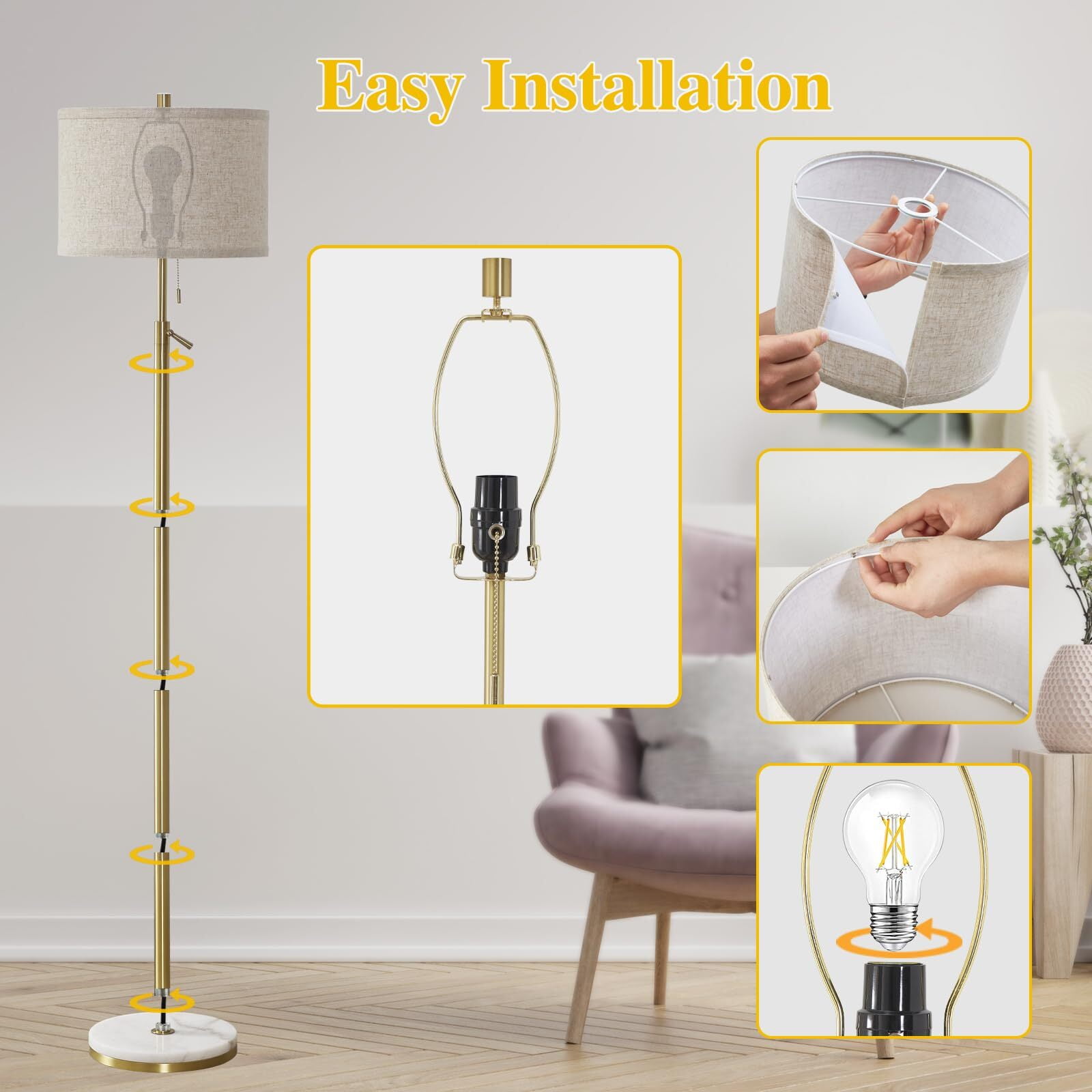 NATYSWAN Modern Floor Lamp for Living Room, Adjustable Height Standing Lamp with Marble Base Tall Lamp with Pull Chain Switch Floor Lamps for Living Room, Bedroom & Office Bulbs Not Included (Gold)