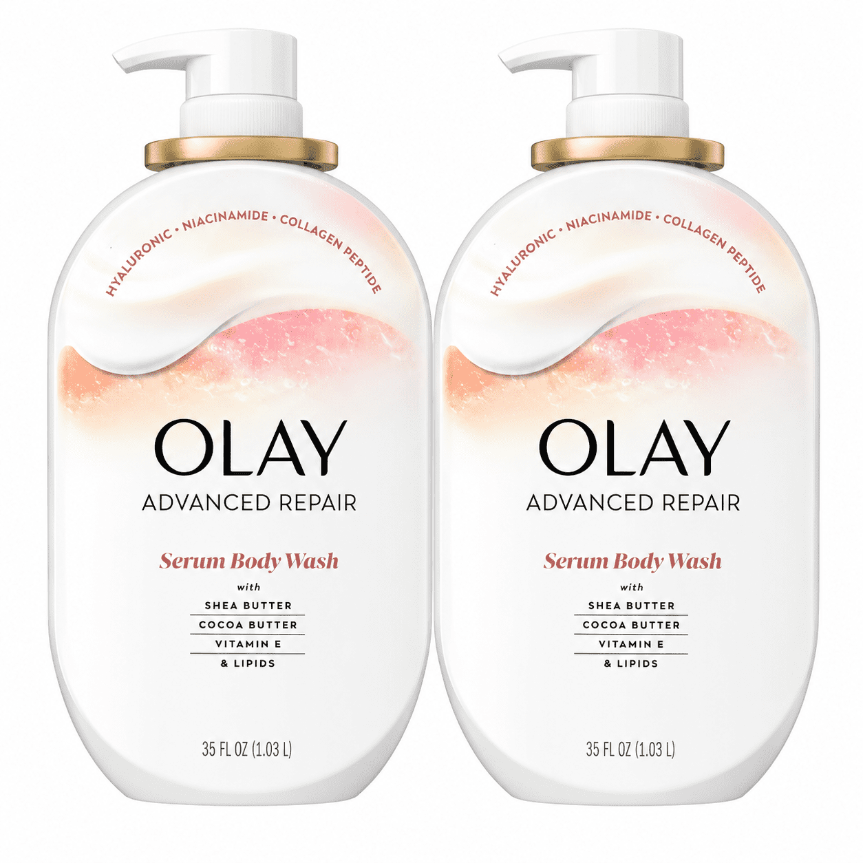 Olay Advanced Repair Serum Body Wash with Shea Butter, Cocoa Butter, Vitamin E, Hyaluronic Acid, Niacinamide & Collagen Peptide, 35 fl oz Pump Bottles, 2 Pack