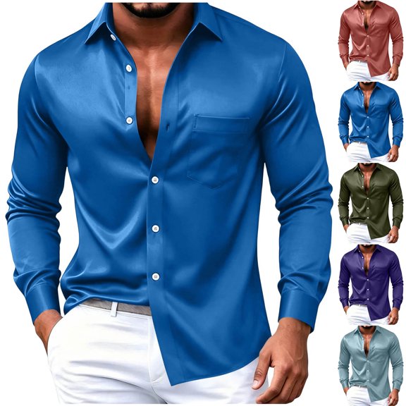 SeCaotees Men Shiny Satin Lapel Collar Dress Shirt, Slim‑Fit Long Sleeve Button‑Up Top for Night Out Wedding Dinner Club Gathering Army Green,L