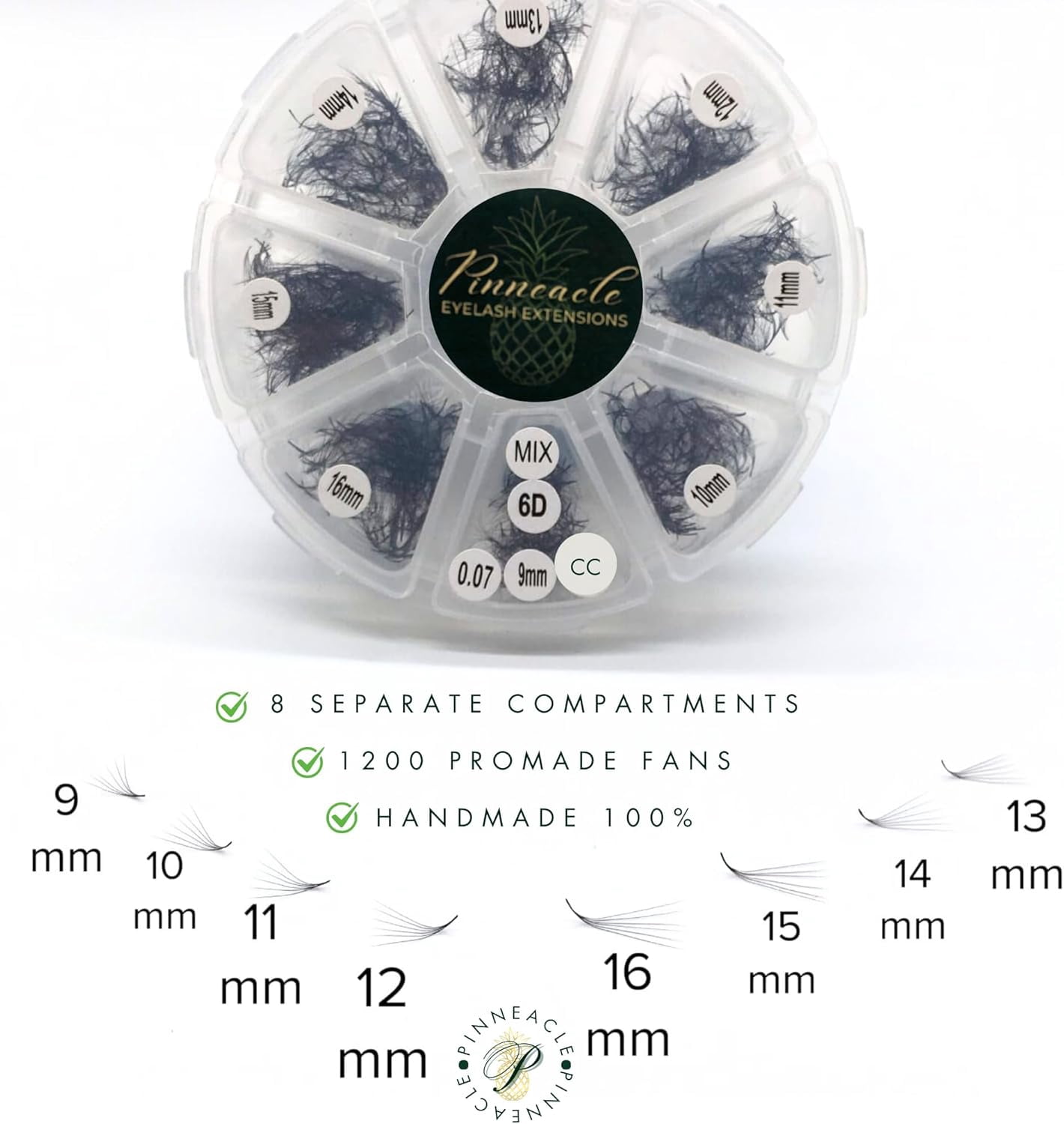 1200 Fans - 6D Premade Volume Fans - Mix 8 sizes in 1 From 9-16mm - Pinneacle Premade Volume Fans For Professional Eyelash Extension - Lash Extension Accessories, lash tools (CC curl)