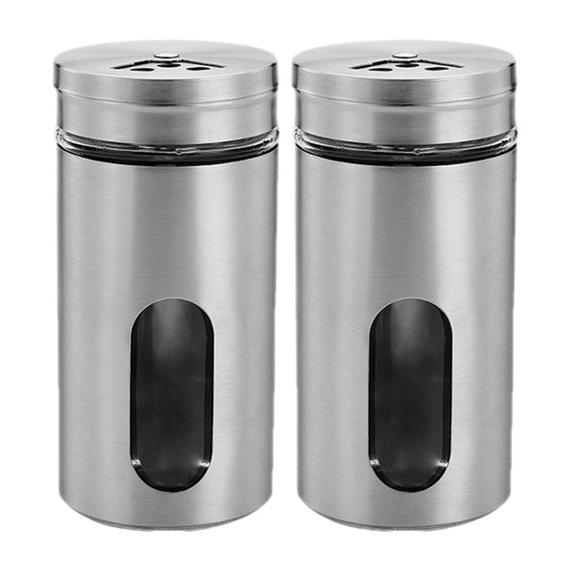 Dinheiro 2 saleros y pimenteros, coctelera de acero inoxidable para sal en polvo, azúcar, canela, pimienta, dispensador de especias con orificios ajustables para verter, plata
