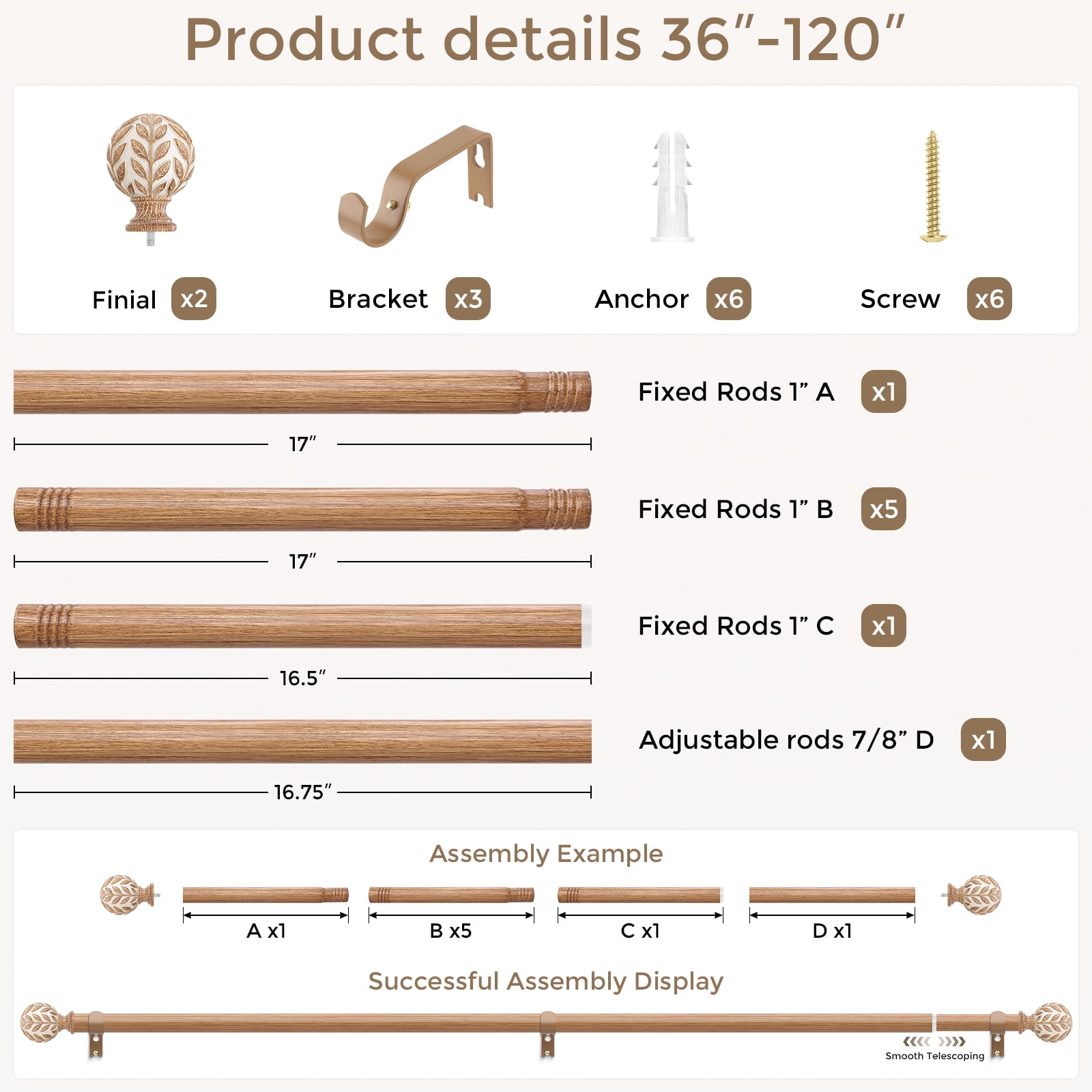 OLV Boho Curtain Rods 36-120" Heavy Duty with Wood Grain Leaf Finial,Burlywood-white