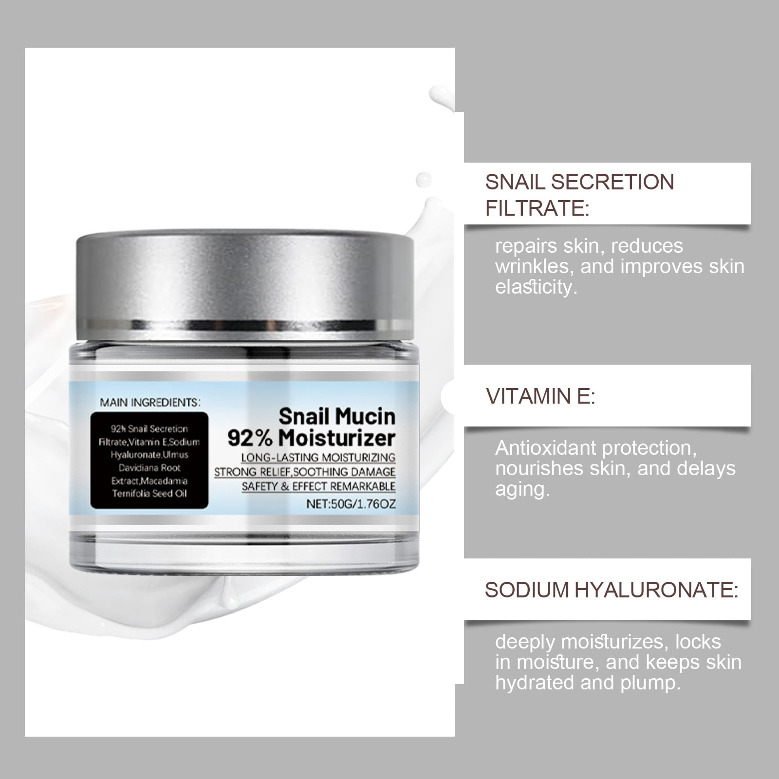 Alvantor Face Moisturizer 92% Snail Mucin Cream for Dull Skin, Fine Lines & Firming - 1.76oz