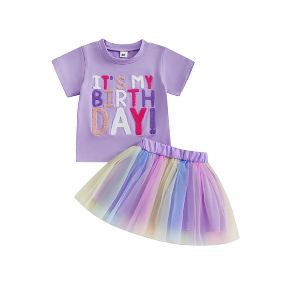 BemeyourBBs Girl Birthday Outfit Letter Embroidery Short Sleeve Tops Tulle Skirt
