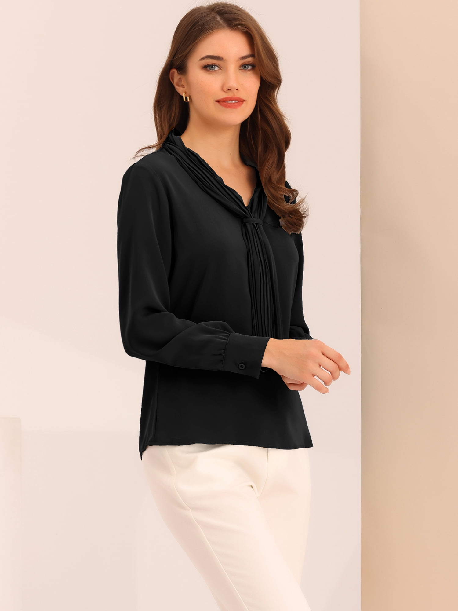 DARING DIVA Work Office Blouse Pleated Top Shirt L Black