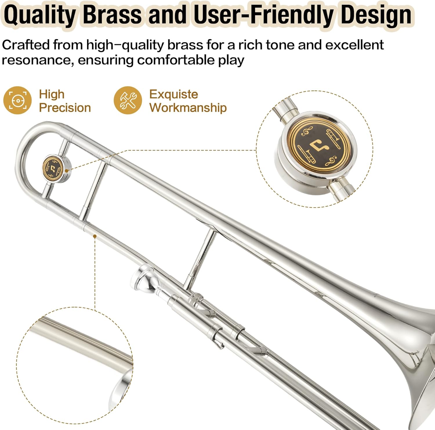 B-Flat Alto Trombone, Nickel-Plated Brass with Mouthpiece, Case, Cleaning Cloth, Gloves & Cleaning Rod, Professional Trombone for Beginners and Musicians