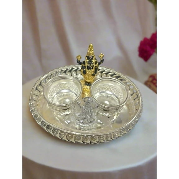 german silver pooja set golden tirupati balaji, lakshmiji 2 bowls and tray for housewarming/ gift item