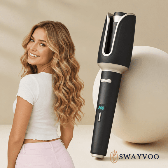 SWAYVOO Automatic Curling Iron, Ceramic Barrel Hair Curler with Anti-Tangle and Anti-Burn Protection, Adjustable Temperature and Timer, Fast Heating Portable Styling Tool, All Hair Types, Black