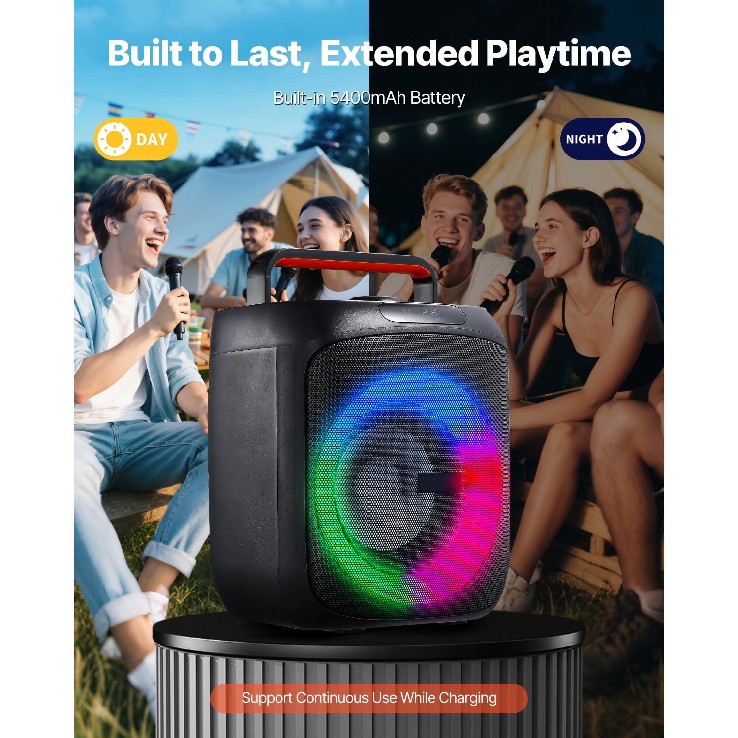 KFFKFF Portable Karaoke Machine for Adults, 30W Speaker with 6.5-inch Bluetooth Connectivity, Includes 2 Wireless Microphones, LED Lighting, TWS Capability, Handle, Supports Micro TF Card, USB