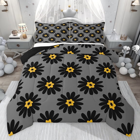 jejeloiu Cartoon Flower Twin Comforter Sets,Black Daisy Floral Bedding Set For Girls Women Reversible 2 Pieces
