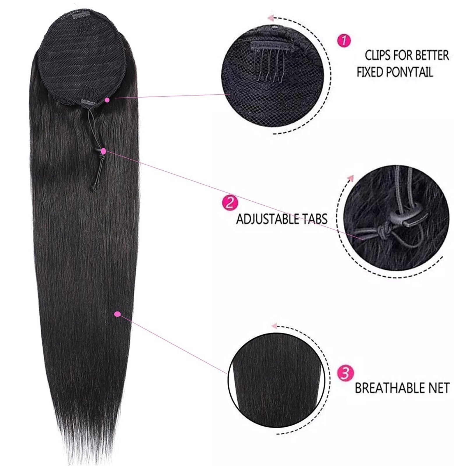 Straight Drawstring Ponytail Human Hair Extensions Pony Tails Soft Clip in Hair Extension for Women