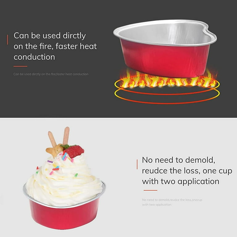 50 Sets Valentine Heart Shaped Cake Pans | 3.4 Oz Disposable Aluminum Foil Baking Cups With Lids