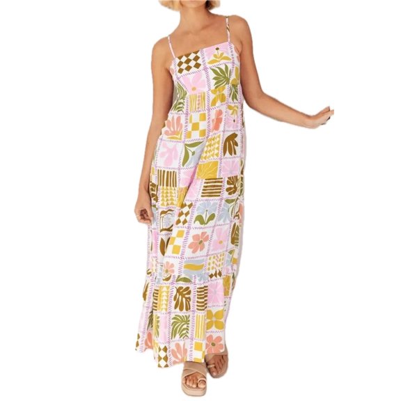Women's Cutout Back Printed Square Neck Maxi Cami Dress with Ruched Smocked Details 95% Polyester 5% Elastane Fabric