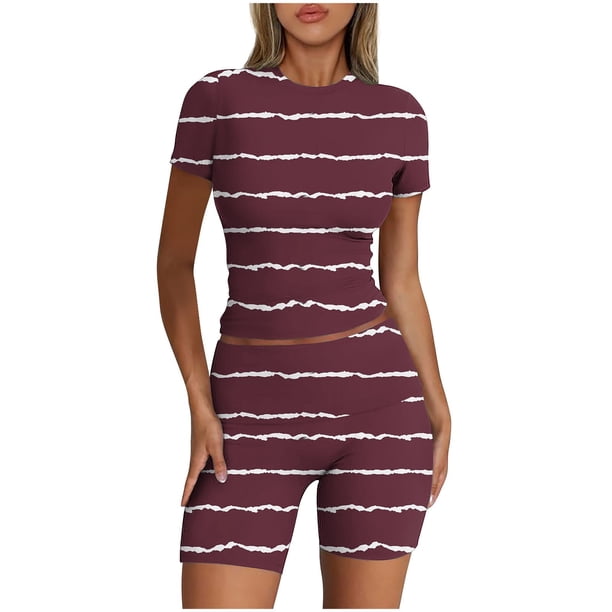 Blusas para Mujeres Casual Sólido Manga Corta Blusa de Cuello Redondo Y Pantalones Cortos Cintura Elástica Set de Dos Piezas