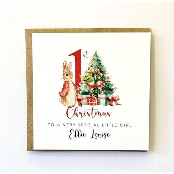 1st Christmas Card for a Special Little Girl – Adorable Rabbit & Christmas Tree Design – Personalized with Name – Perfect Milestone Gift for Baby's First Christmas