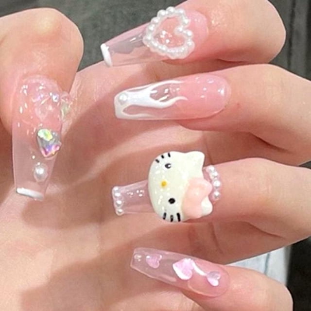 Set de uñas postizas HUOGUO, diseño de ataúd con diseño de llama blanca, 24 unidades