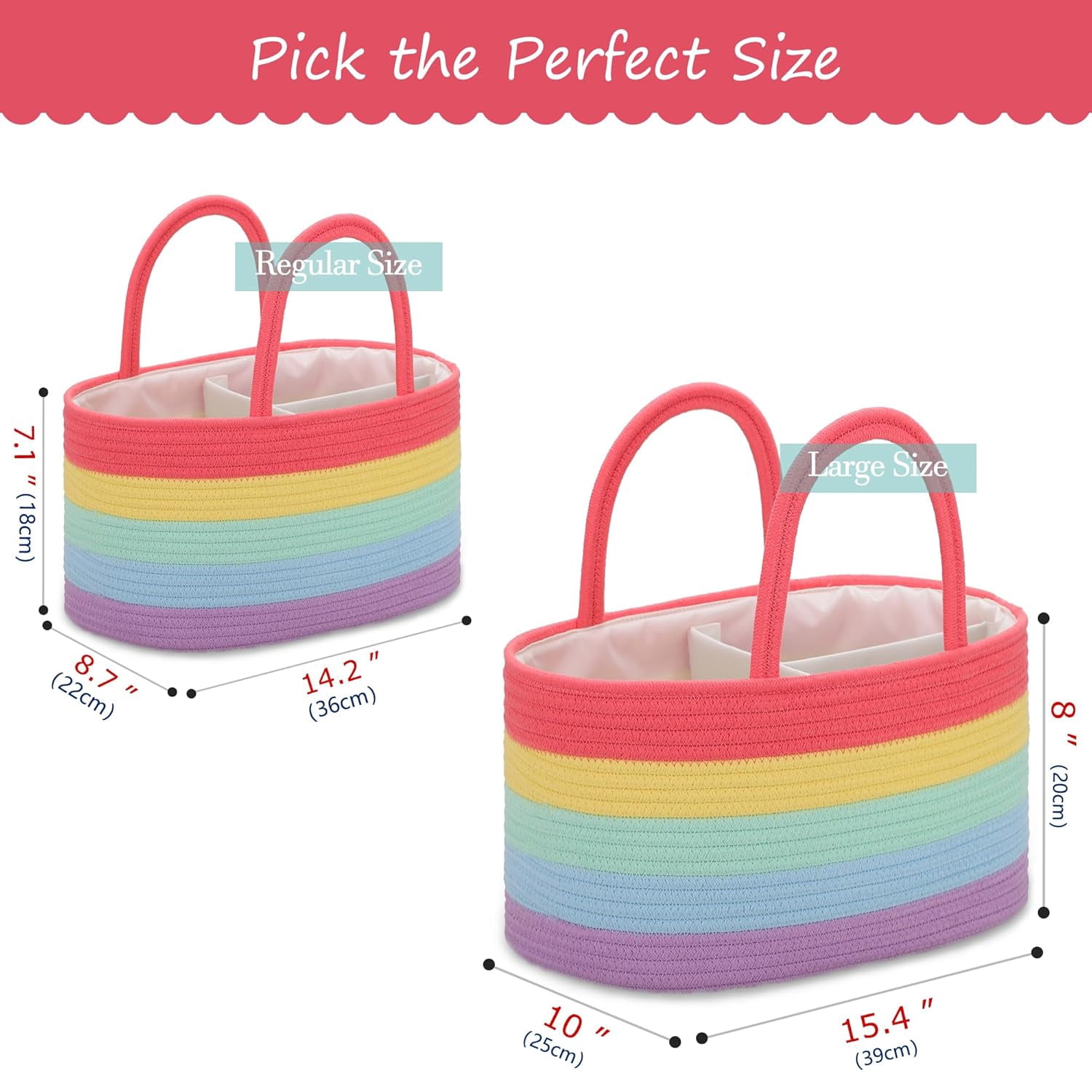 Large Baby Diaper Caddy Organizer for Girl Boy, Car Caddy with Handles, Cotton Rope Basket for Changing Table, Nursery Organizer, Gift for Baby Shower and Registry Must Have, Rainbow