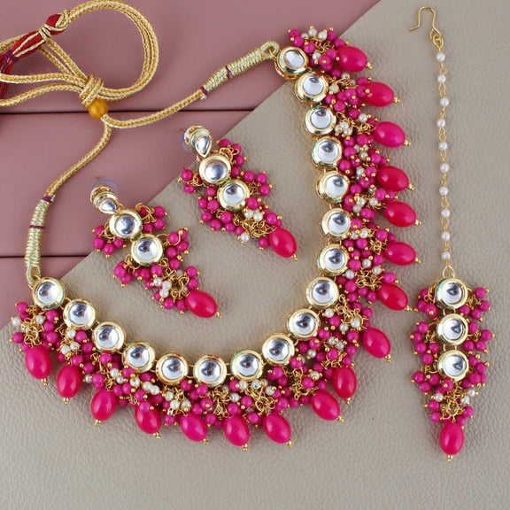 Lucky Jewellery Back Meenakari Stone Bollywood Style Handcrafted Indian Jewelry 18k Gold Plated Magenta Color Tika Earring Combo Uncut Big Faux Kundan Choker Necklace Set