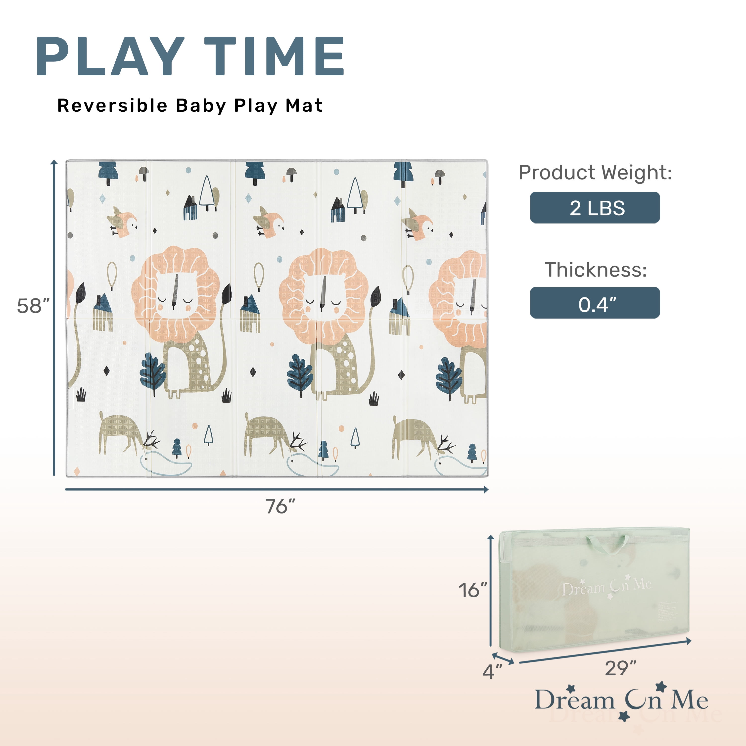 Dream On Me Play Time Reversible Baby Play Mat Foldable Extra Large Thick Foam Crawling Playmats for Toddlers Waterproof Portable Playmat Yoga/Picnic/Game Mat Indoor/Outdoor, Giraffe and Dinosaur