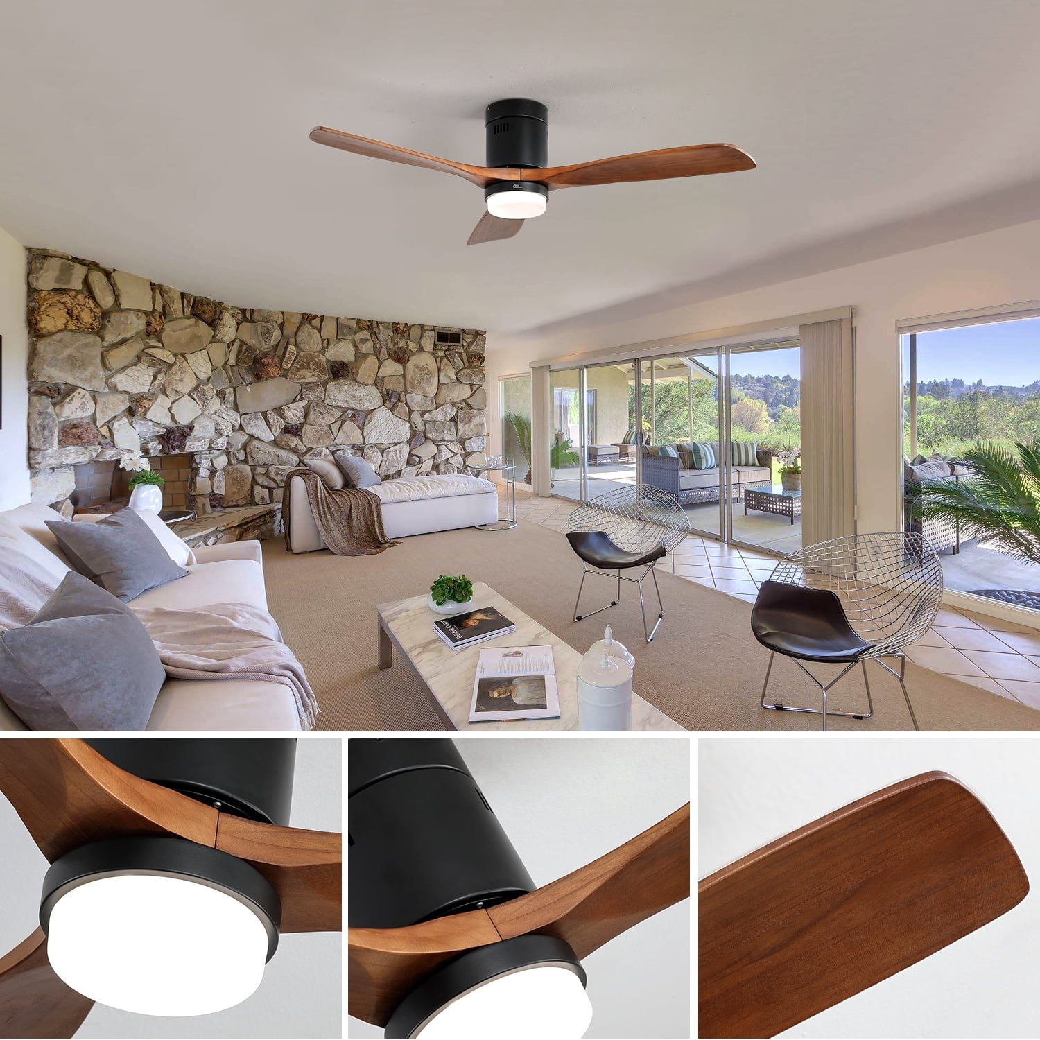 Sofucor 52" Flush Mount Ceiling Fan with LED Light and Remote Control