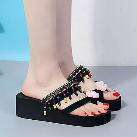 

Aayomet Slippers for Women Women s High Heeled Bohemian Clip Foot Flip Flop Thick Bottom Beach Fringed Sandals Beach Shoes Pink 8.5