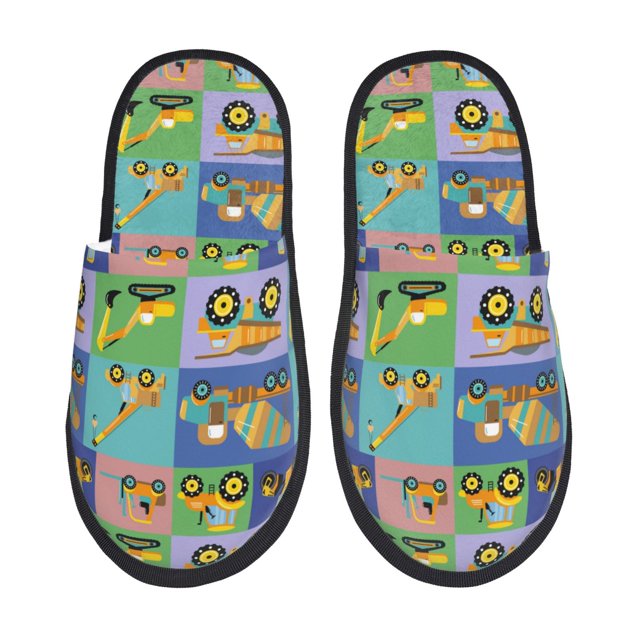 Fotbe Construction Machinery Pantuflas Peludas para Mujer con Estampado, Zapatillas de Peluche, Zapatos de Invierno para Casa, Uso Interior y Exterior-Large