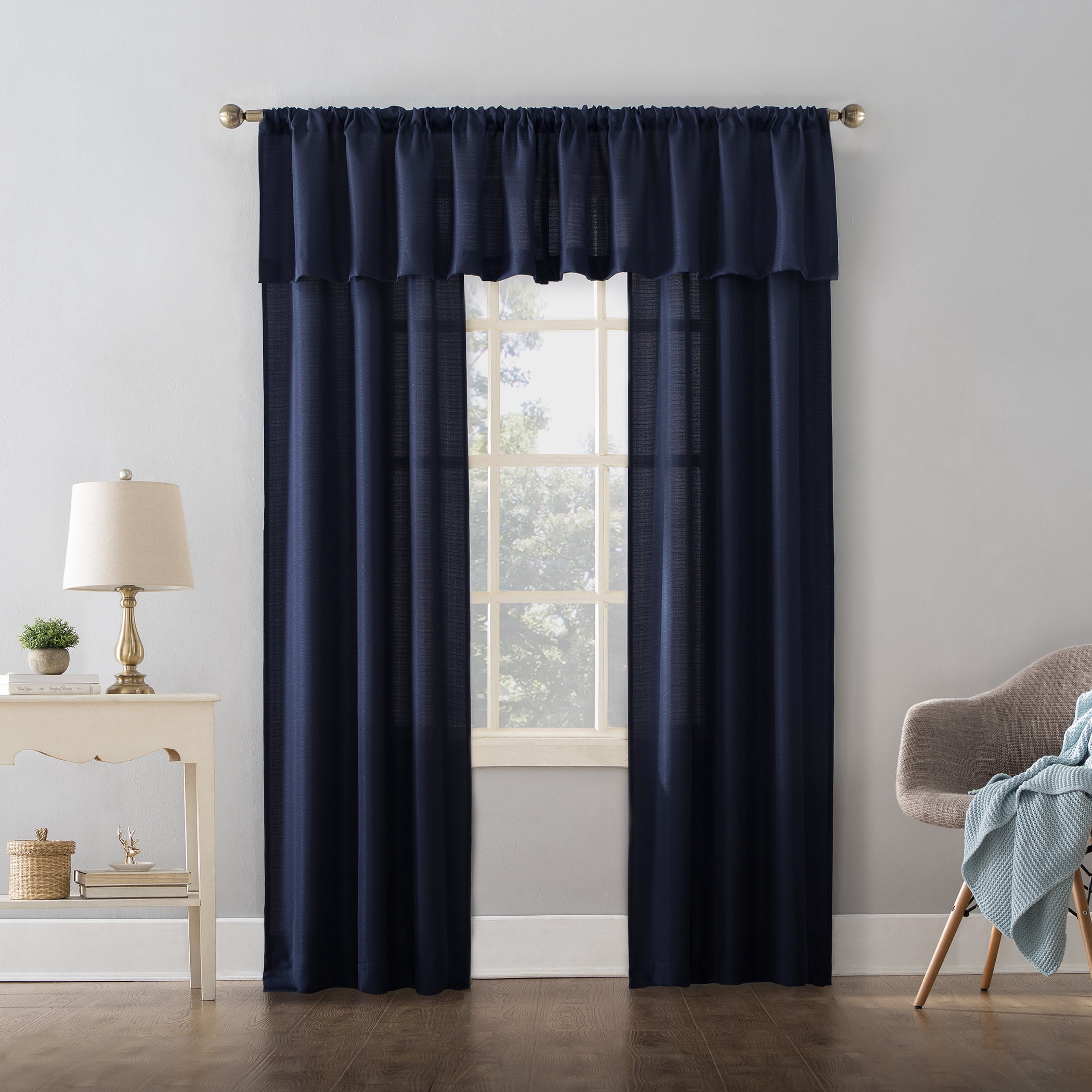 Mainstays Lauren Semi-Sheer Textured Solid Rod Pocket Curtain Valance, Navy, 56"W x 17"L