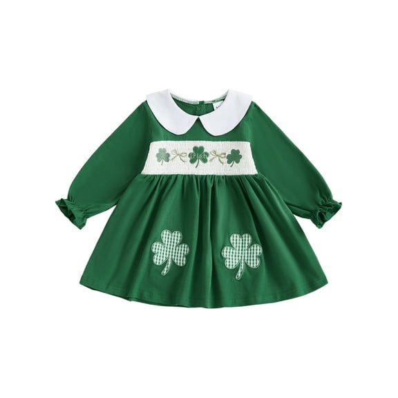 Loicainy Kids Toddler Girls Irish Dress, 6 12 18 24 Months 2T 3T 4T 5T Long Sleeve Dress Doll Collar Shamrock Embroidery Fall Dresses
