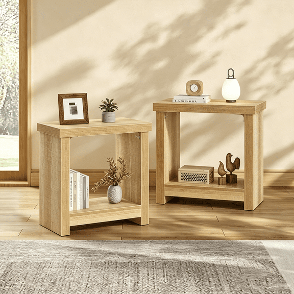 Winkalon Set of 2 Farmhouse End Table with Storage Shelves, Small Nightstand Wooden Beside Table Bed Side Table for Small Spaces, Living Room, Bedroom, Natural