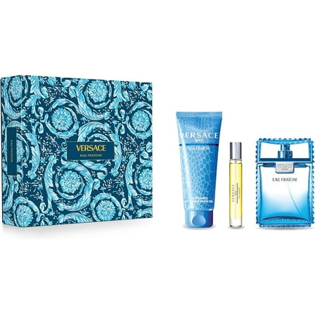 Versace Versace Man Eau Fraiche , 3 Pc Gift Set 3.4oz EDT Spray, 0.17oz EDT Spray (Mini), 5oz Bath and Shower Gel