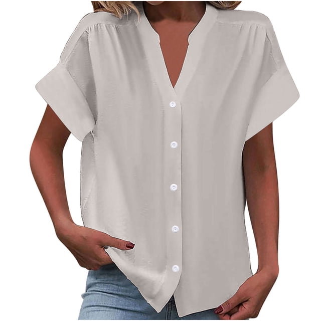 Timegard Short Sleeve Tops for Women Summer V-Neck Button down Shirts Solid Color Office Casual Loose Tops