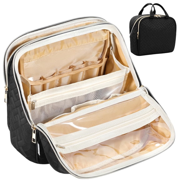 Fiykzur Makeup Bag, Large Capacity with Room for Brushes and Mirror, Travel Makeup Organizer, Portable Standing Make Up Case, Waterproof Cosmetic Toiletry Bags with Handle, Color Brown