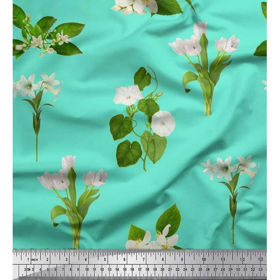 Soimoi Green Silk Fabric Leaves & White Floral Decor Fabric Printed BTY 42 Inch Wide