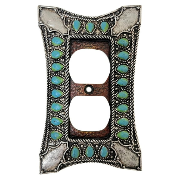 Double Outlet Cover Decorative Wall Plate - 1-Gang Light Switch Cover in Southwest Tooled Leather and Hand-Painted Faux Turquoise Gemstone Design - Southwestern &  Inspired Home Décor