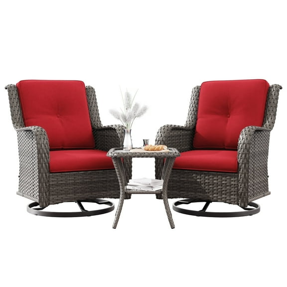 Meetleisure Outdoor Swivel Rocker Wicker Patio Chairs Sets of 2 With Table, Red