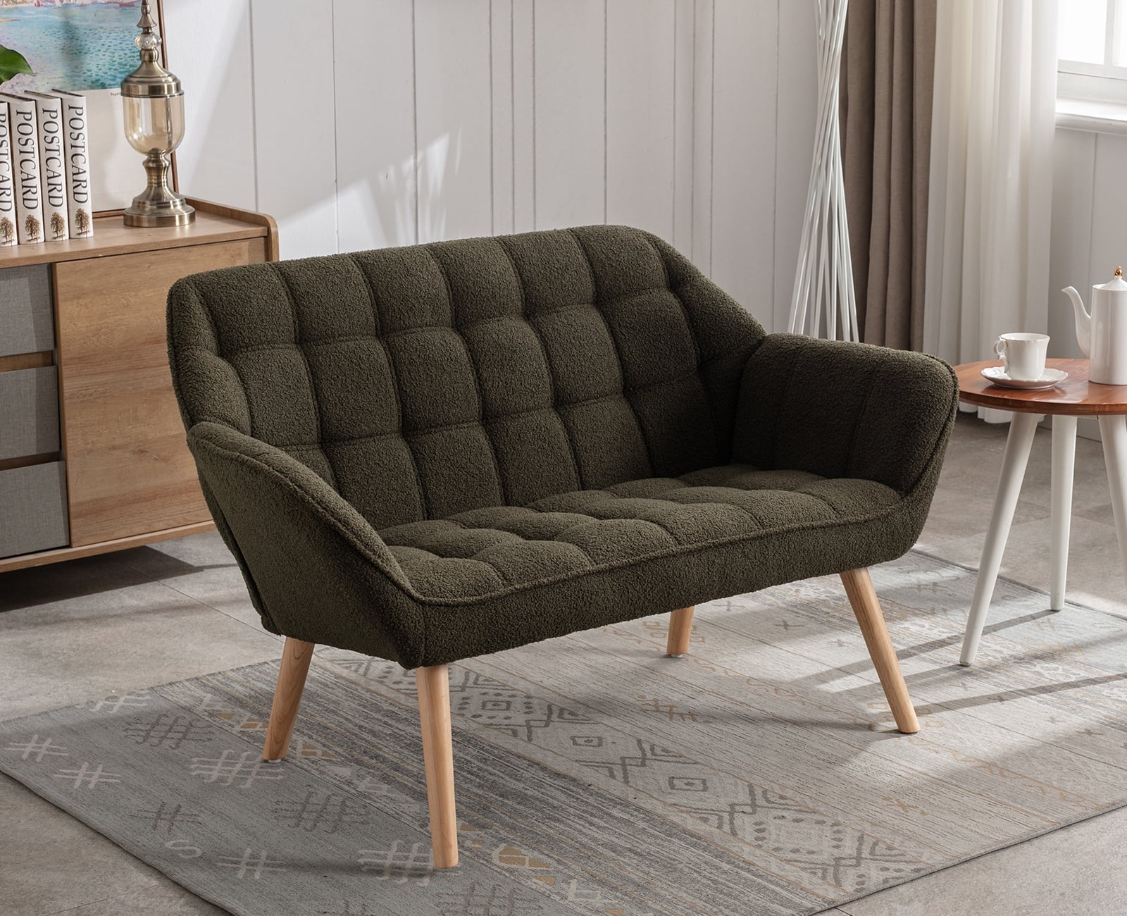 Guyou Small Loveseat Sofa, Modern Sherpa 2-Seater Mini Sofa Couch with Quilted Back and Armrests, Cute Accent Chair with Wooden Legs for Living Room
