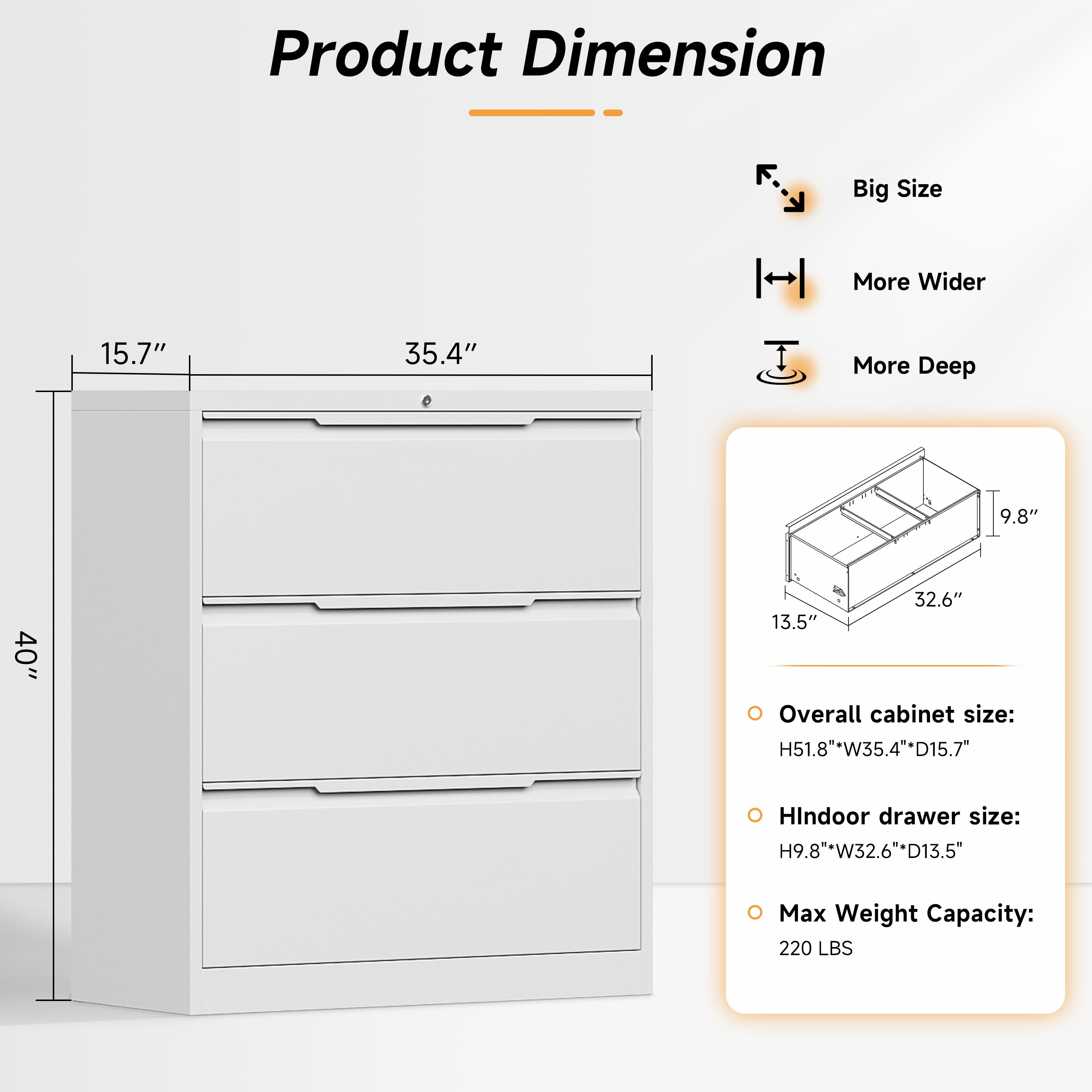 Lateral File Cabinet with Lock, 3 Drawer Lateral Filing Cabinet for Office Home, Locking Metal Steel Wide File Cabinet for Hanging Files Letter/Legal/F4/A4 Size, Easy Assemble White