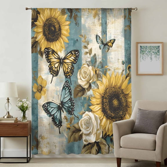 Spring Sunflower Sheer Curtains 54 Inches Long, Butterfly Pastoral Teal Striped Vintage Light Filering Curtains, Breathable Simi Curtain Privacy Drapes for Kitchen Bathroom Small Window Treatment